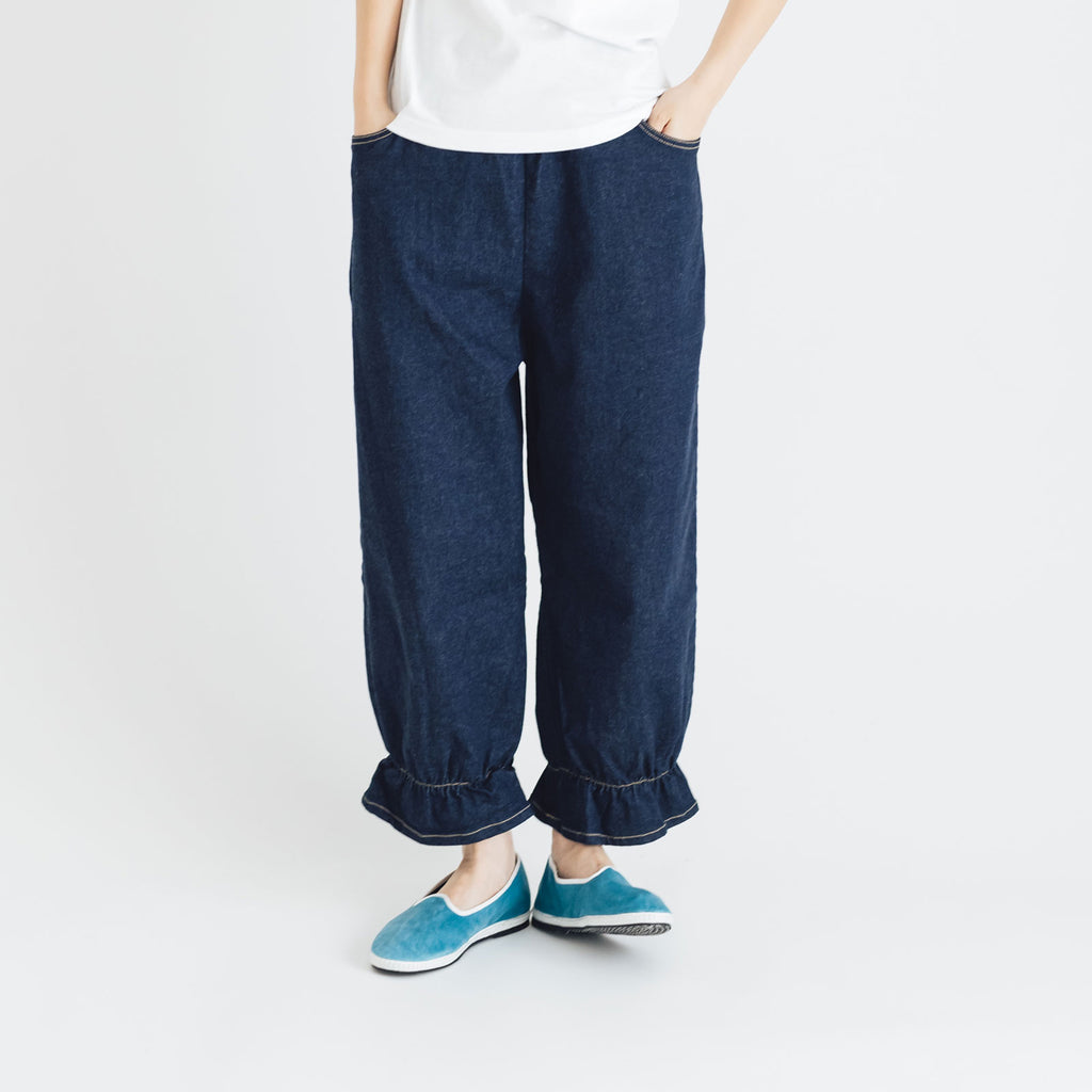 pot and tea デニム裾ゴムパンツ 紺