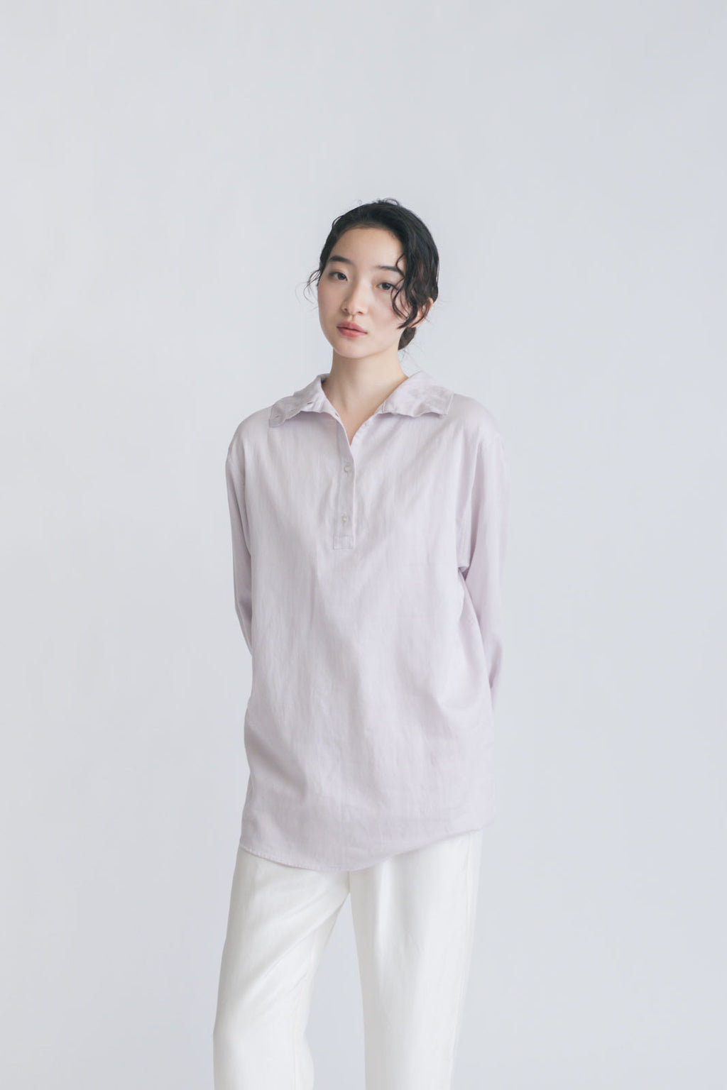 fruits of life リボンハイネックシャツ 霞色/ラベンダー