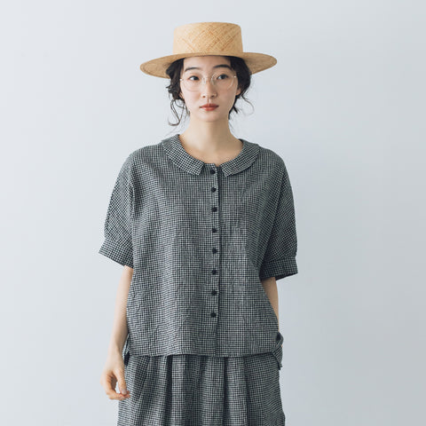 MAGALI リネンコットン ギンガム フラットカラーブラウス