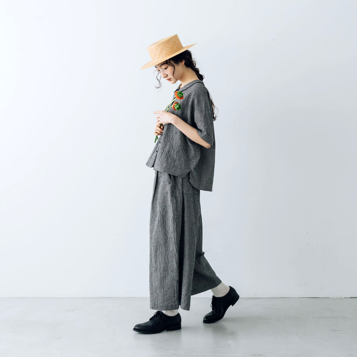 magali コットンリネンフラットカラーコート ブルー