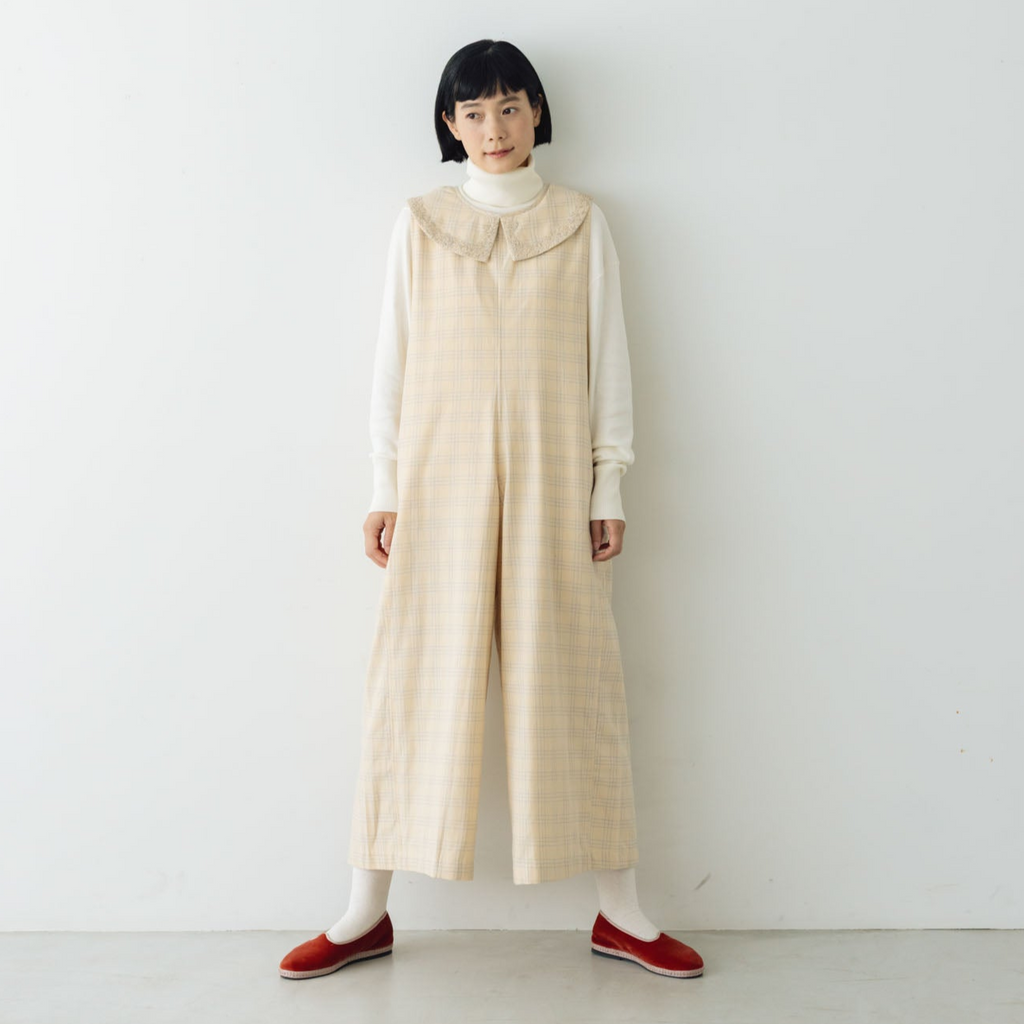 BUNON エンブロイダリーカラーオーバーオール エクリュ×ブルー