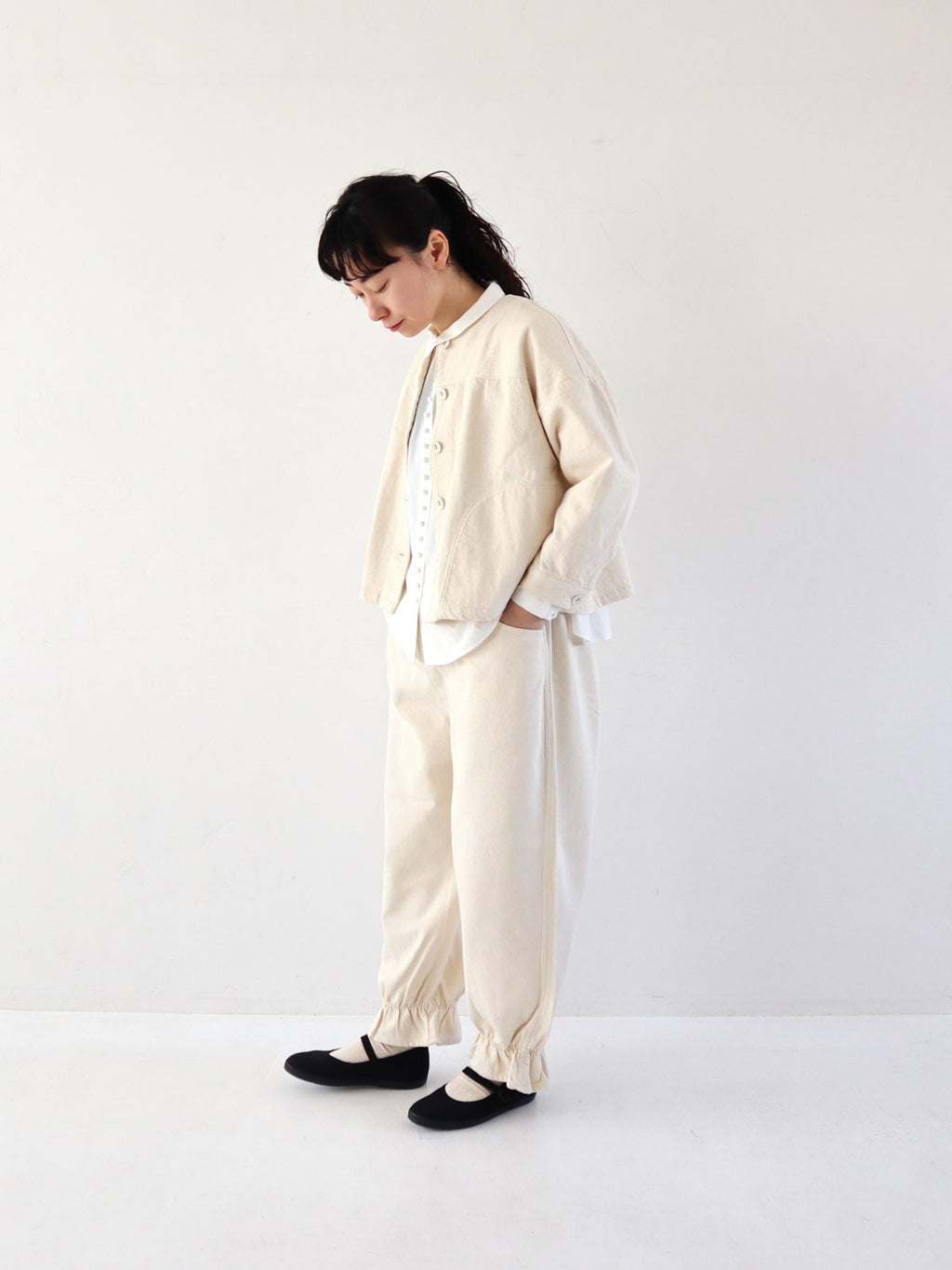 pot and tea デニム裾ゴムパンツ 紺