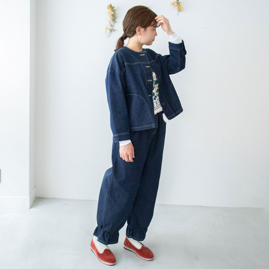 pot and tea デニム裾ゴムパンツ 紺
