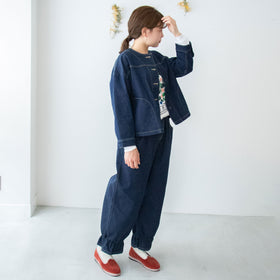 pot and tea デニム裾ゴムパンツ 紺