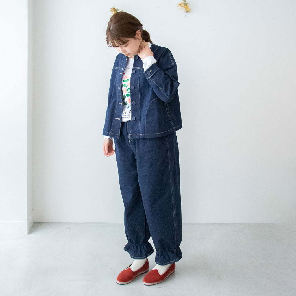 pot and tea デニム裾ゴムパンツ 紺