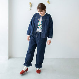 pot and tea デニム裾ゴムパンツ 紺