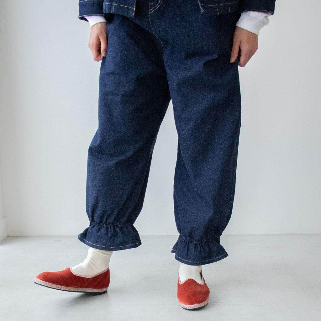 pot and tea デニム裾ゴムパンツ 紺