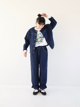 pot and tea デニム裾ゴムパンツ 紺