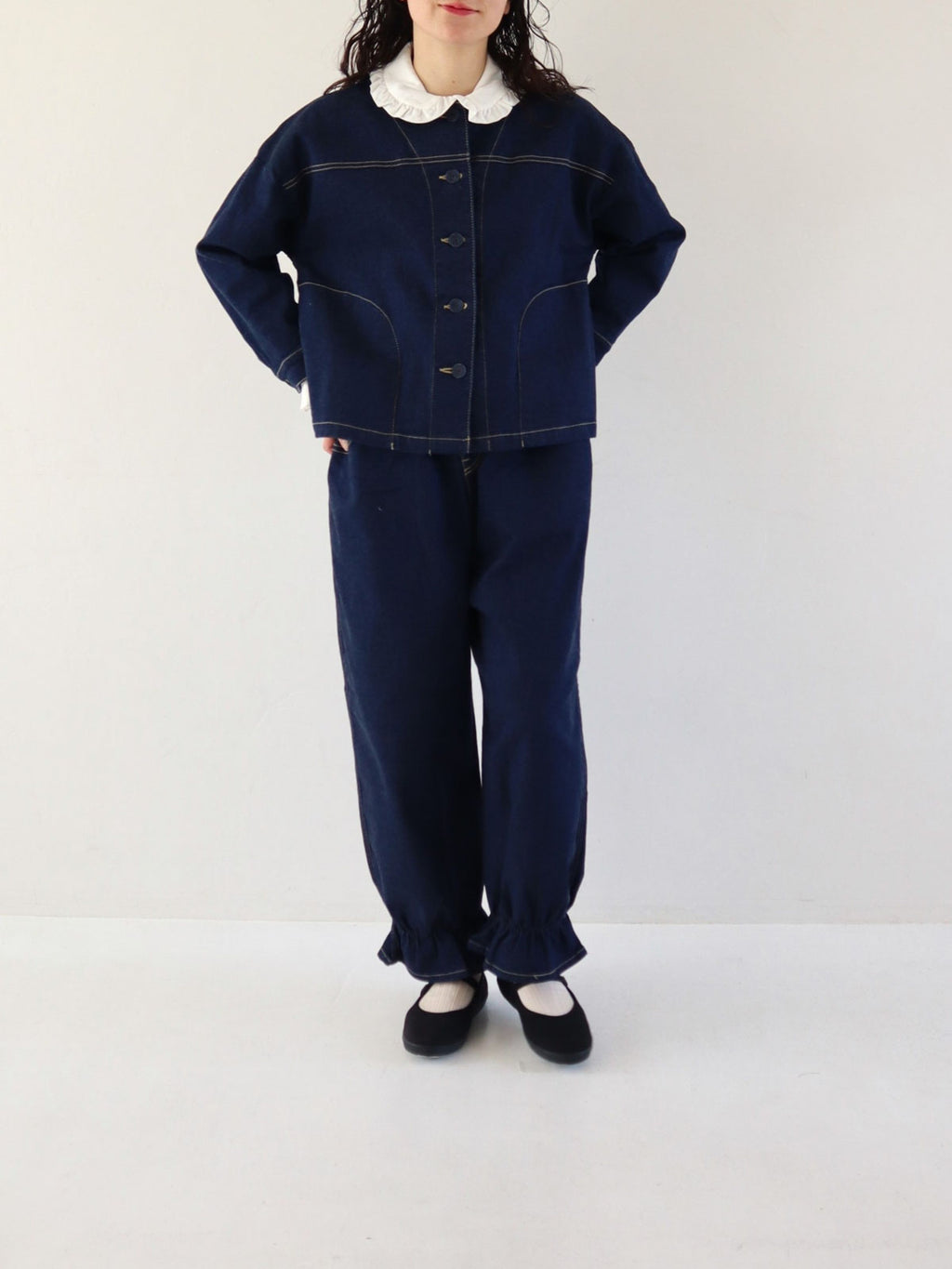 pot and tea デニム裾ゴムパンツ 紺