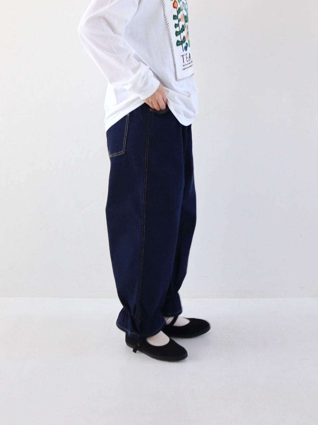pot and tea デニム裾ゴムパンツ 紺