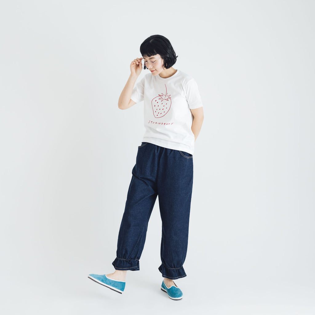 pot and tea デニム裾ゴムパンツ 紺