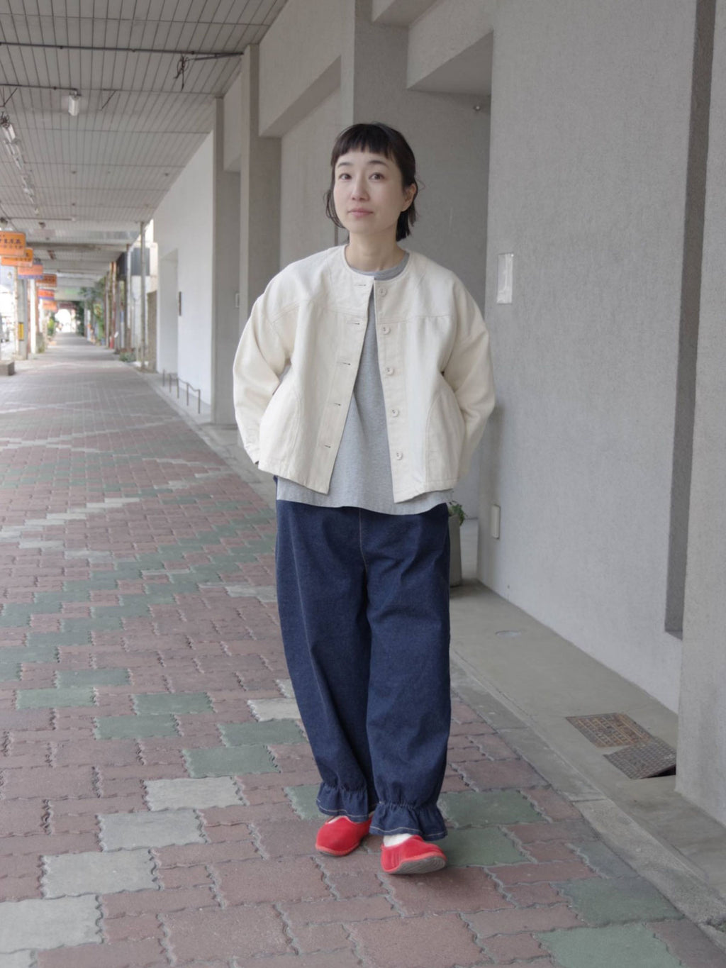 pot and tea デニム裾ゴムパンツ 紺