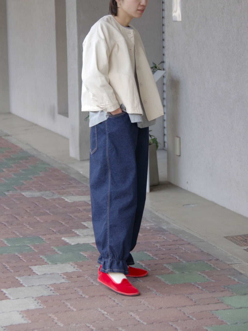 pot and tea デニム裾ゴムパンツ 紺