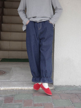 pot and tea デニム裾ゴムパンツ 紺