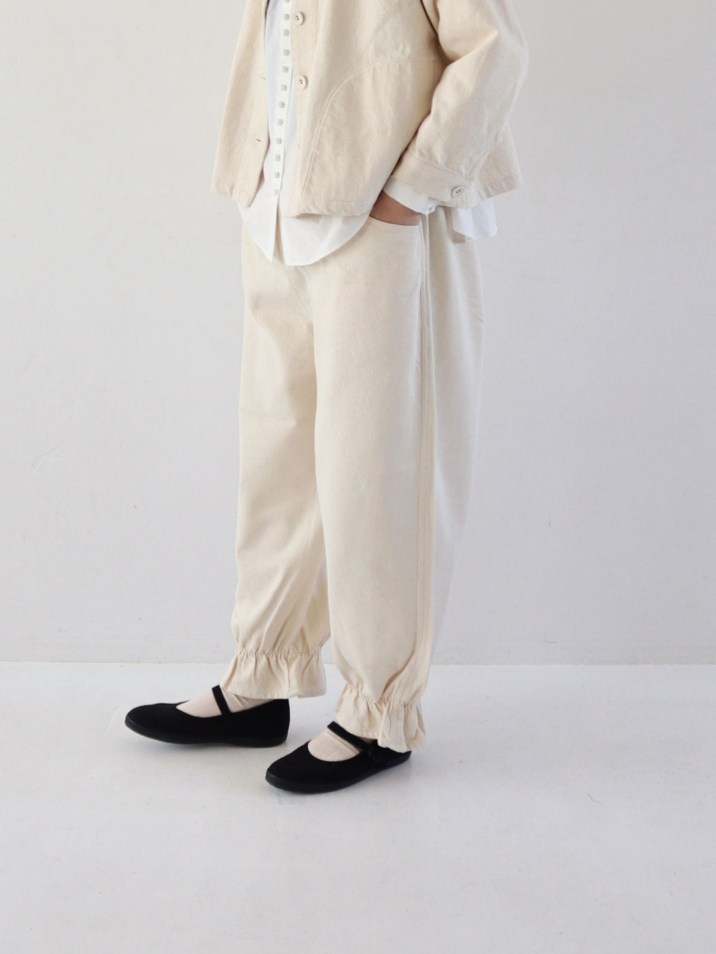 pot and tea デニム裾ゴムパンツ 紺