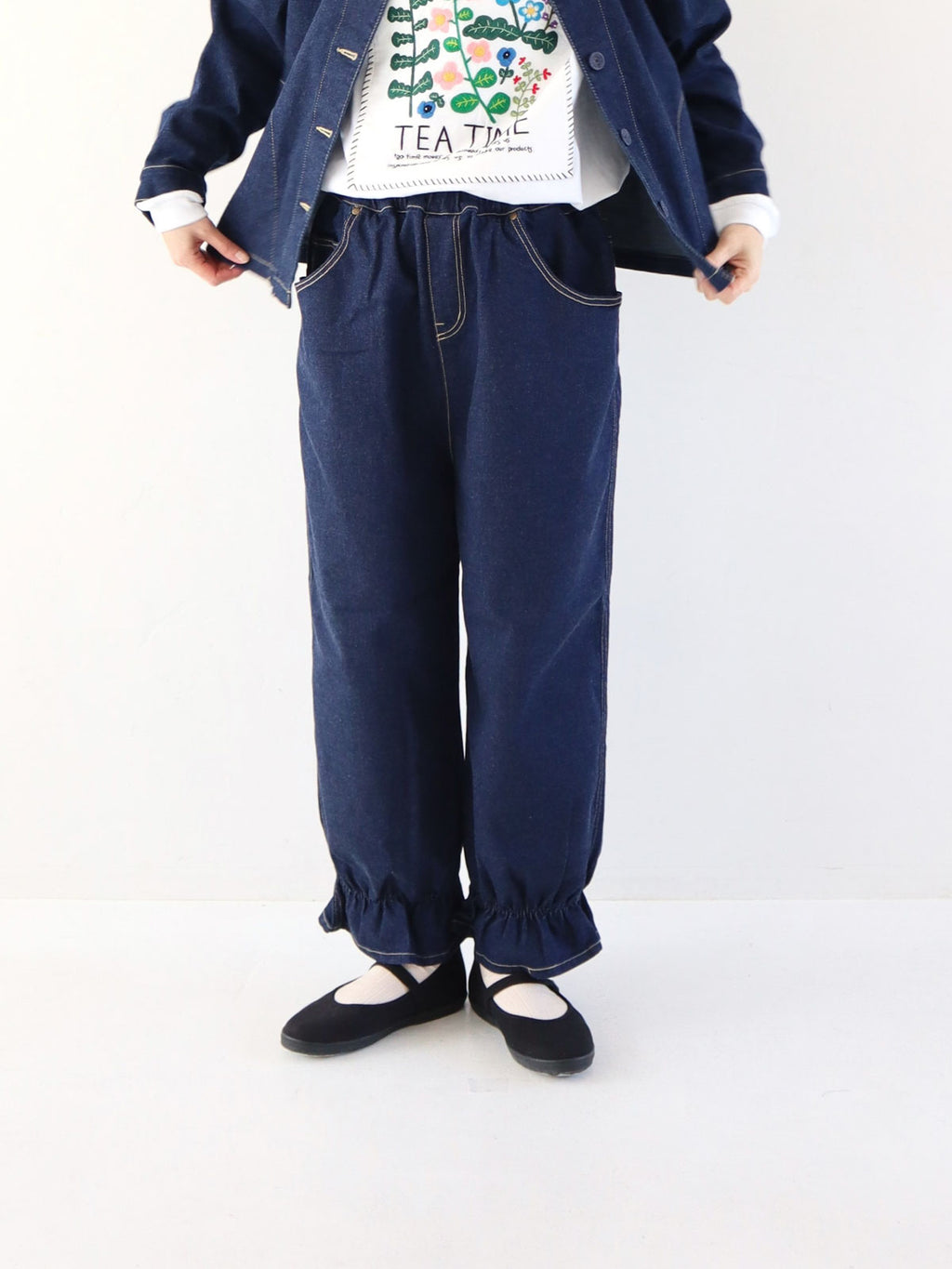pot and tea デニム裾ゴムパンツ 紺