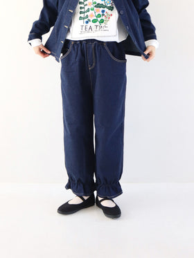 pot and tea デニム裾ゴムパンツ 紺