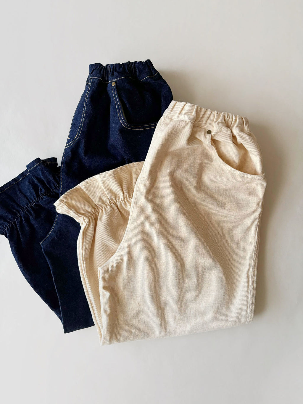 pot and tea デニム裾ゴムパンツ 紺