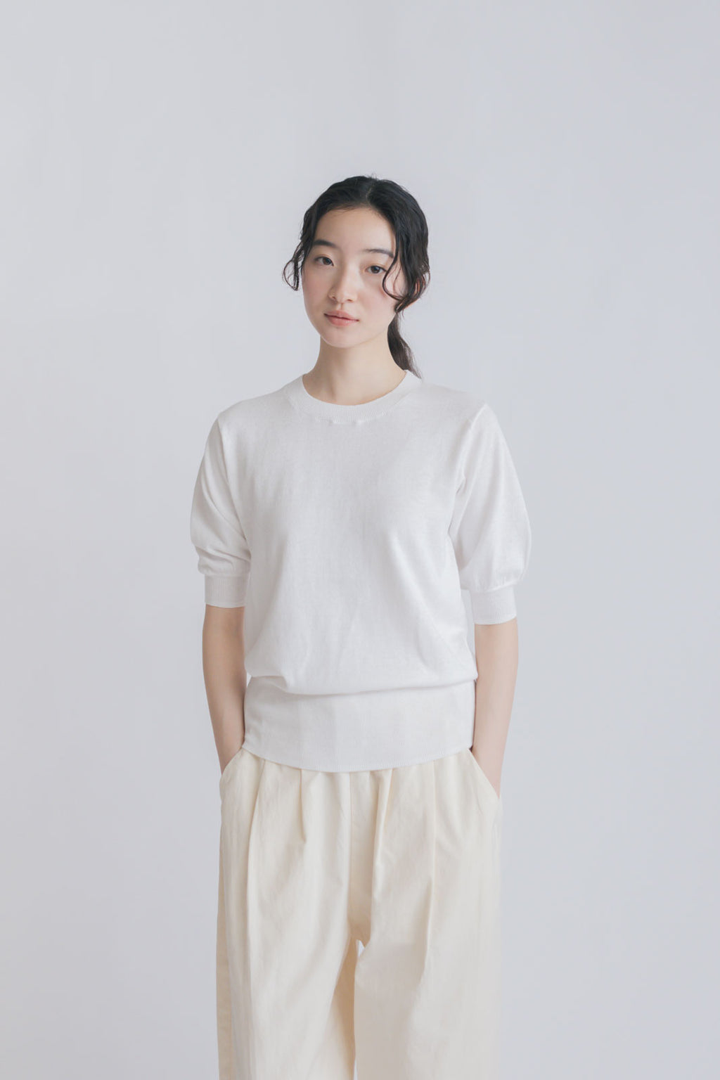 【SALE】 「くらすことの日常生活着」UVウォッシャブル5分袖ニットプルオーバー