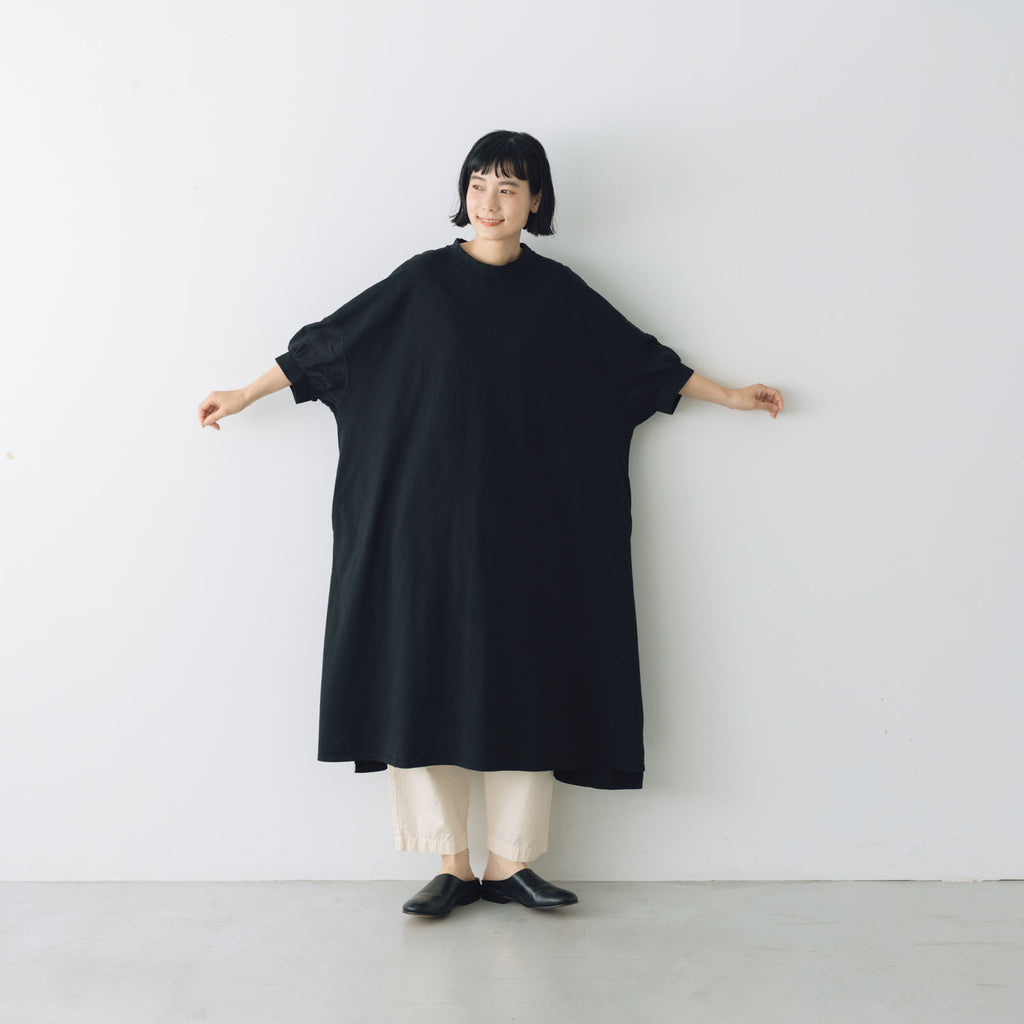 UNIVERSAL SEVEN USAコットン リネンコンボギャザースリーブワンピース