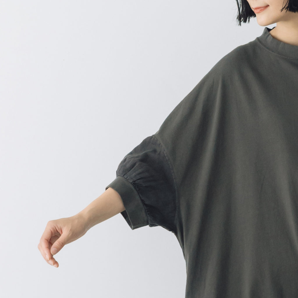 UNIVERSAL SEVEN USAコットン リネンコンボギャザースリーブワンピース