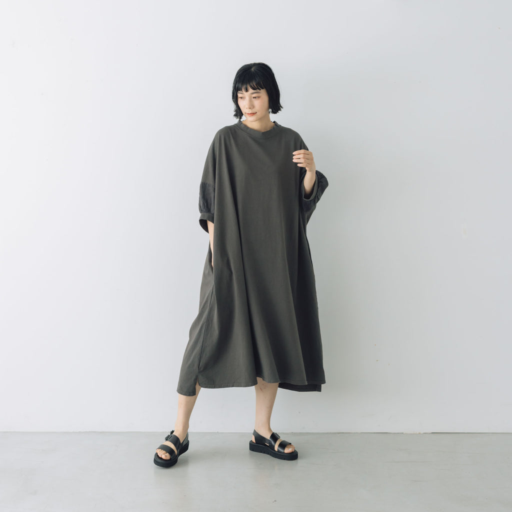 UNIVERSAL SEVEN USAコットン リネンコンボギャザースリーブワンピース