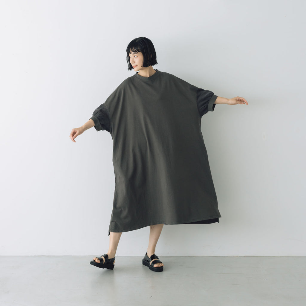 UNIVERSAL SEVEN USAコットン リネンコンボギャザースリーブワンピース