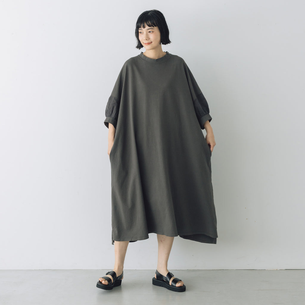 UNIVERSAL SEVEN USAコットン リネンコンボギャザースリーブワンピース