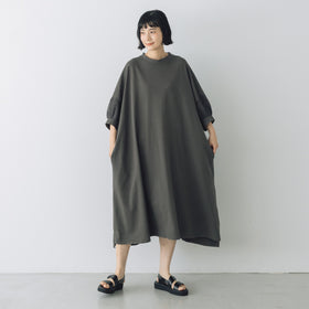 UNIVERSAL SEVEN USAコットン リネンコンボギャザースリーブワンピース