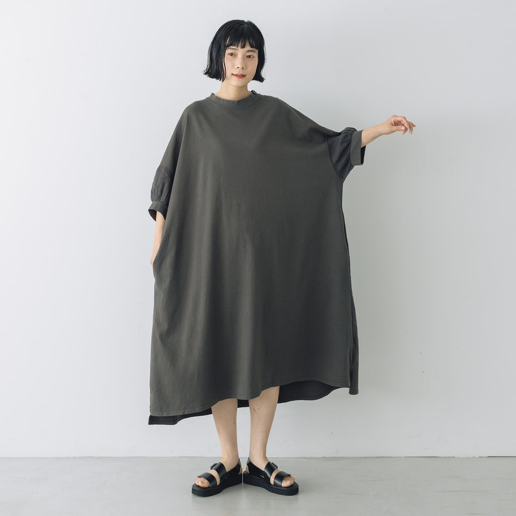 UNIVERSAL SEVEN USAコットン リネンコンボギャザースリーブワンピース