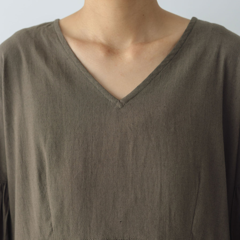 UNIVERSAL TISSU トリプルワッシャーリネンコットン Vネックワンピース モカ
