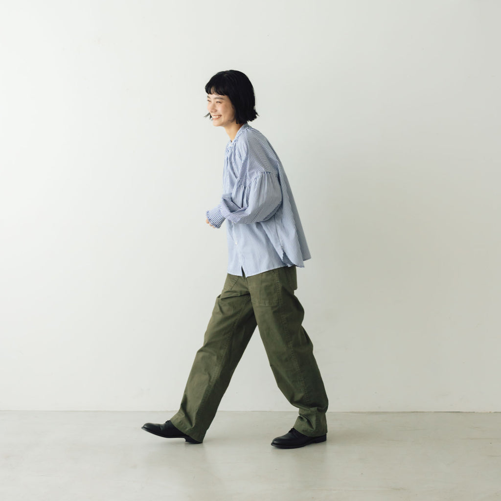 UNIVERSAL TISSU バンドカラーシャーリングブラウス ストライプ