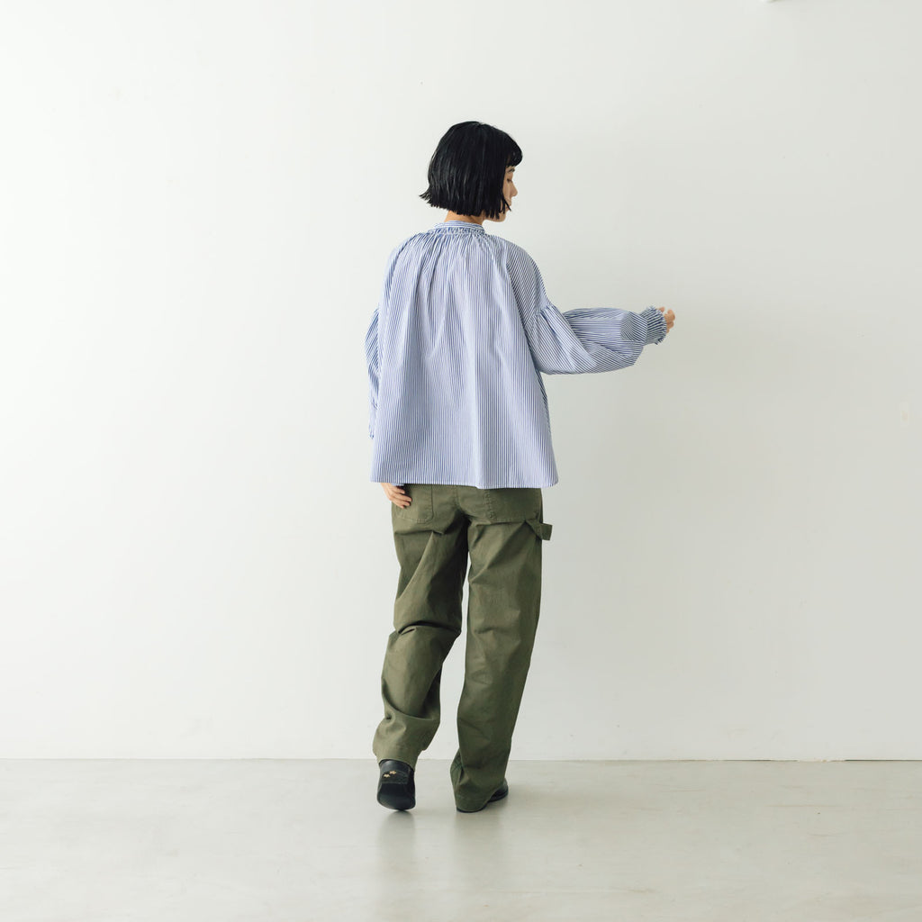 UNIVERSAL TISSU バンドカラーシャーリングブラウス ストライプ