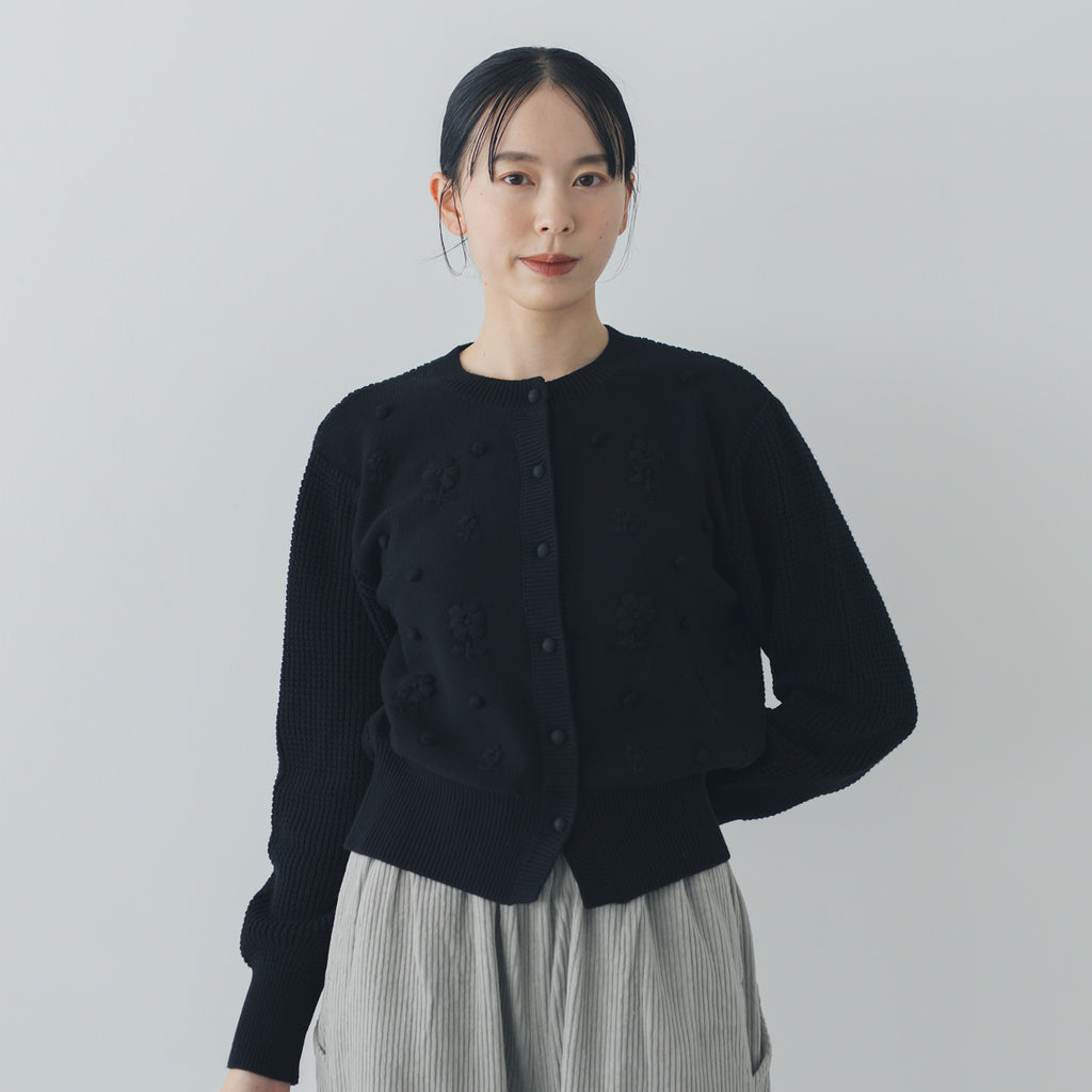 pot and tea ハンド刺繍綿カーディガン 黒