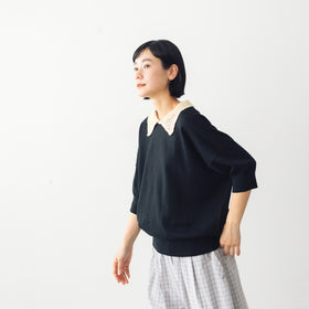 atelier naruse ラミーコットンクロシェカラー 半袖ニット
