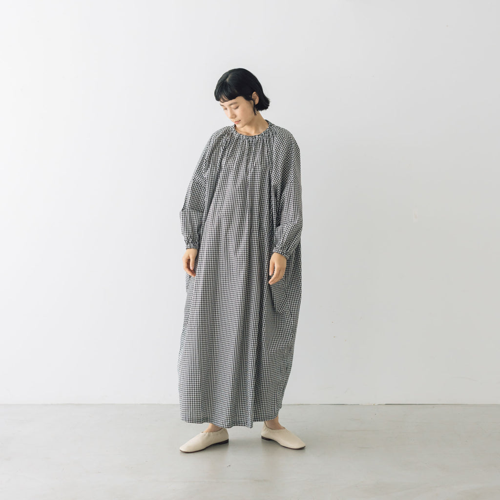 pot and tea チェック柄スモックボリュームワンピース(ロング)
