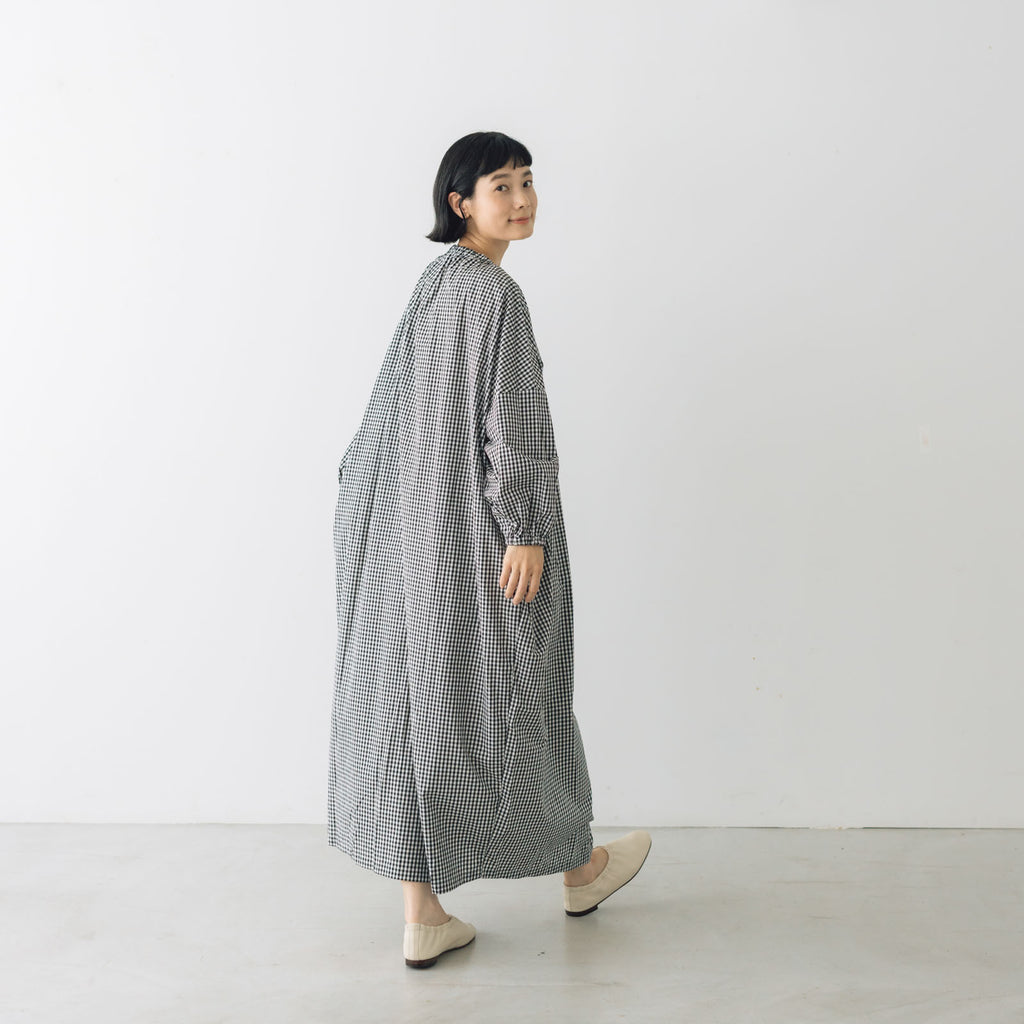 pot and tea チェック柄スモックボリュームワンピース(ロング)