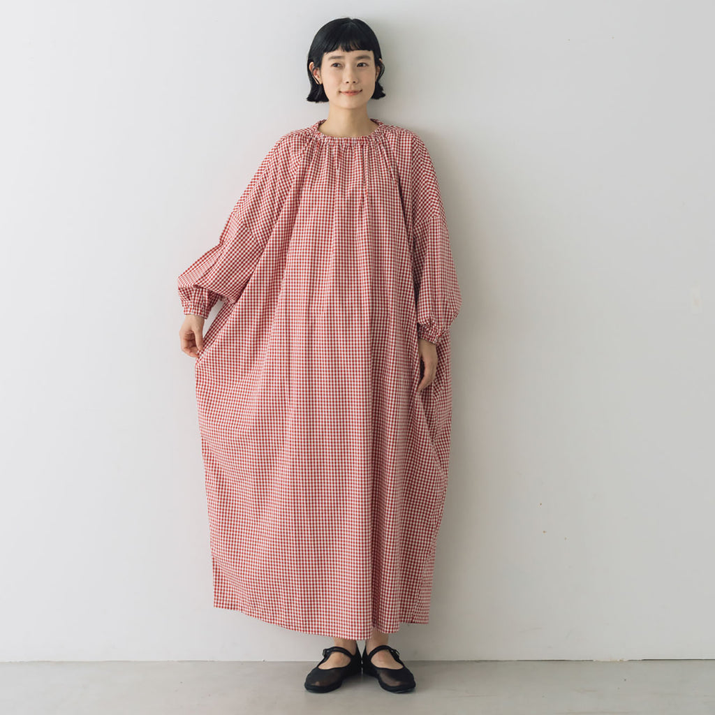 pot and tea チェック柄スモックボリュームワンピース(ロング)
