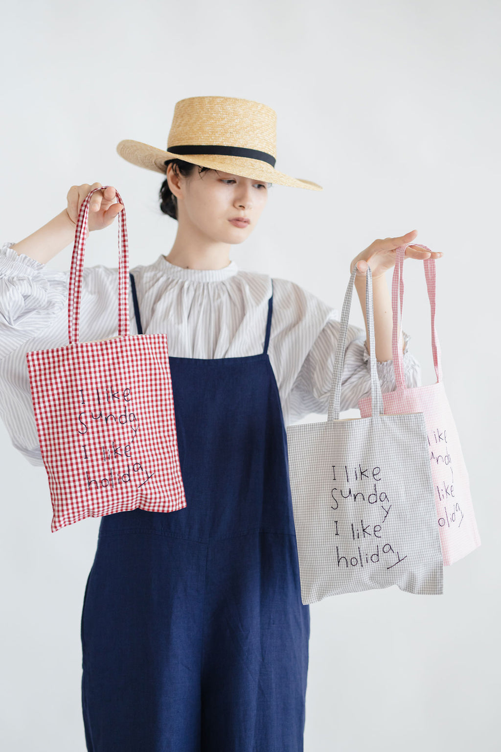 pot and tea チェック柄ハンド刺繍バッグ