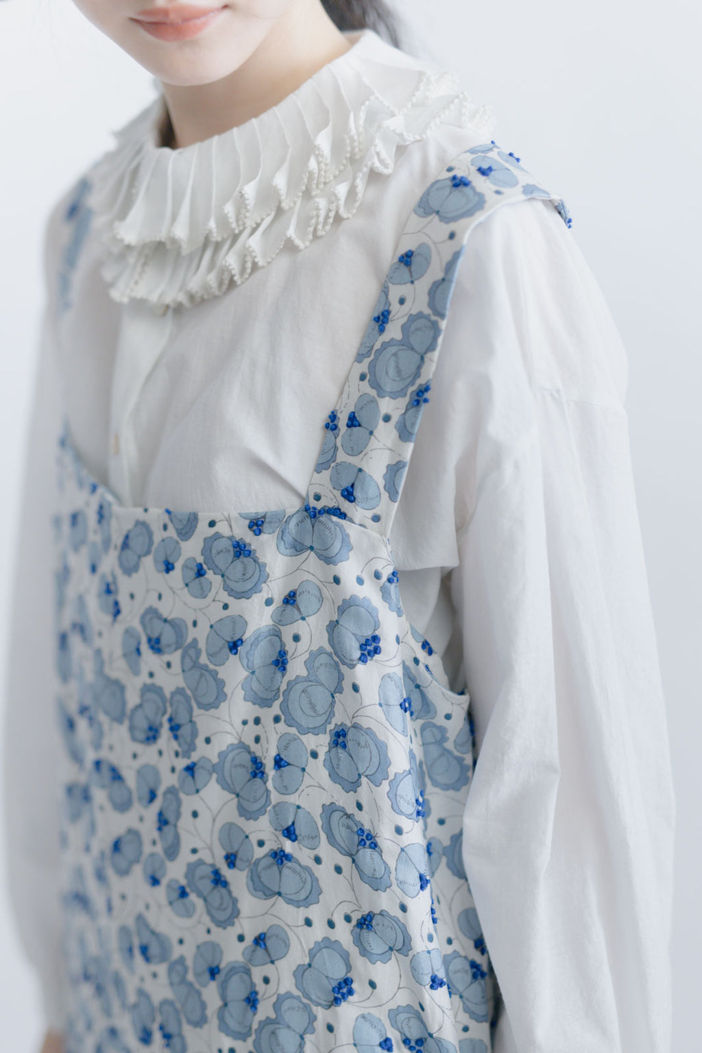 BUNON エンブロイダリーオーバーオール シルク ホワイト×ブルー