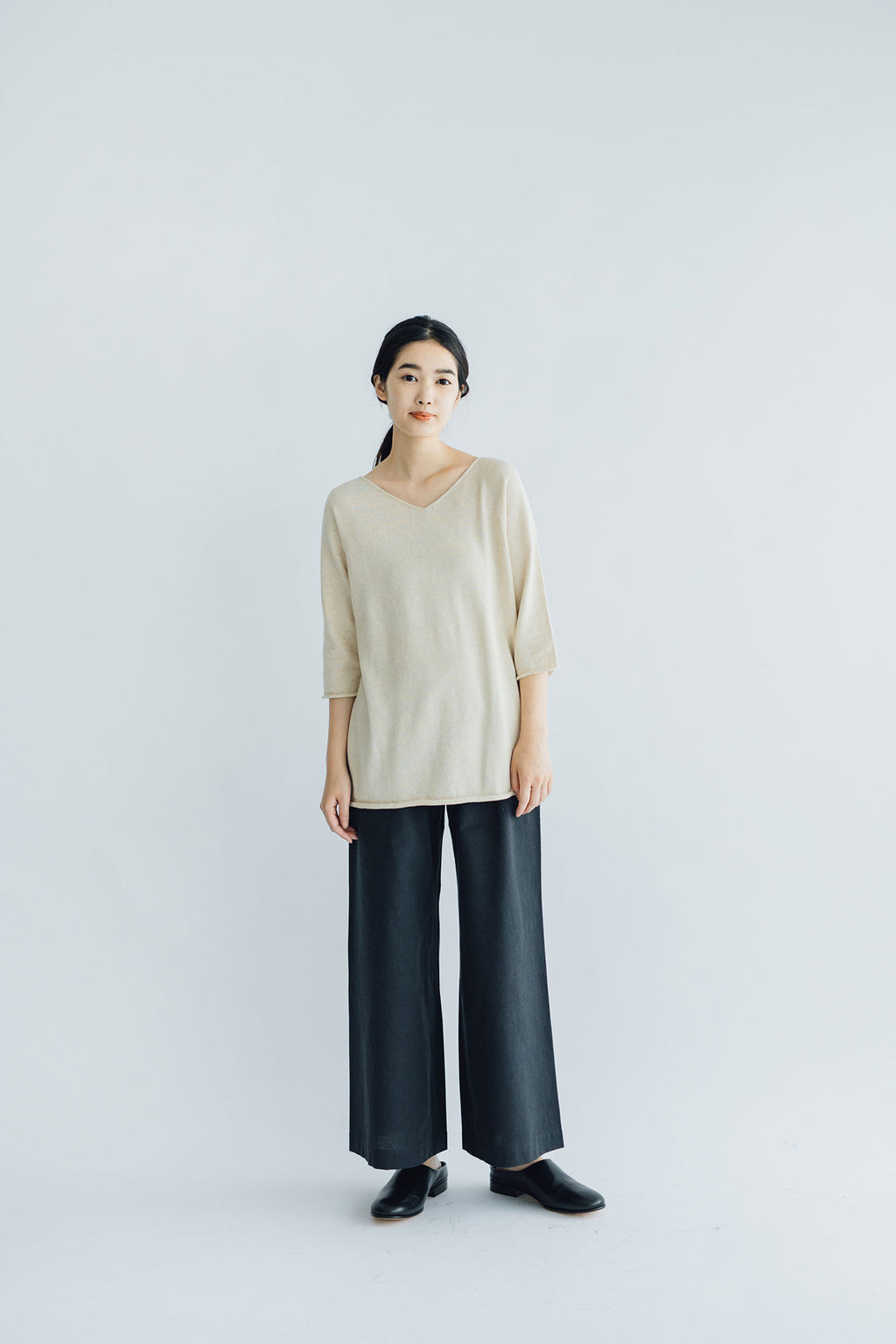 F/style 綿麻のニット編みカットソー Vネック(七分袖)