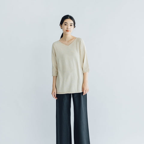 F/style 綿麻のニット編みカットソー Vネック(七分袖)