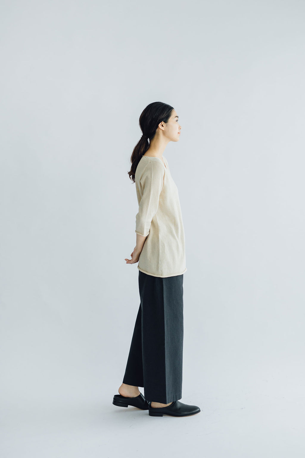 F/style 綿麻のニット編みカットソー Vネック(七分袖)