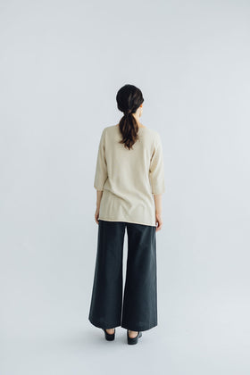 F/style 綿麻のニット編みカットソー Vネック(七分袖)