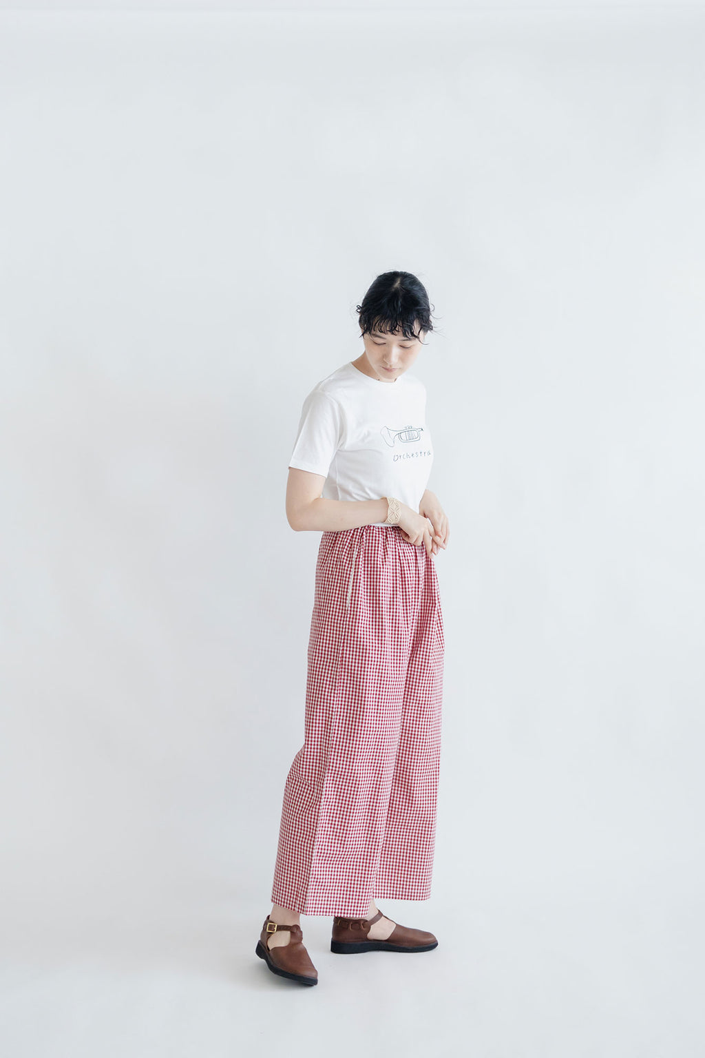 pot and tea チェック柄シンプルワイドパンツ(M)