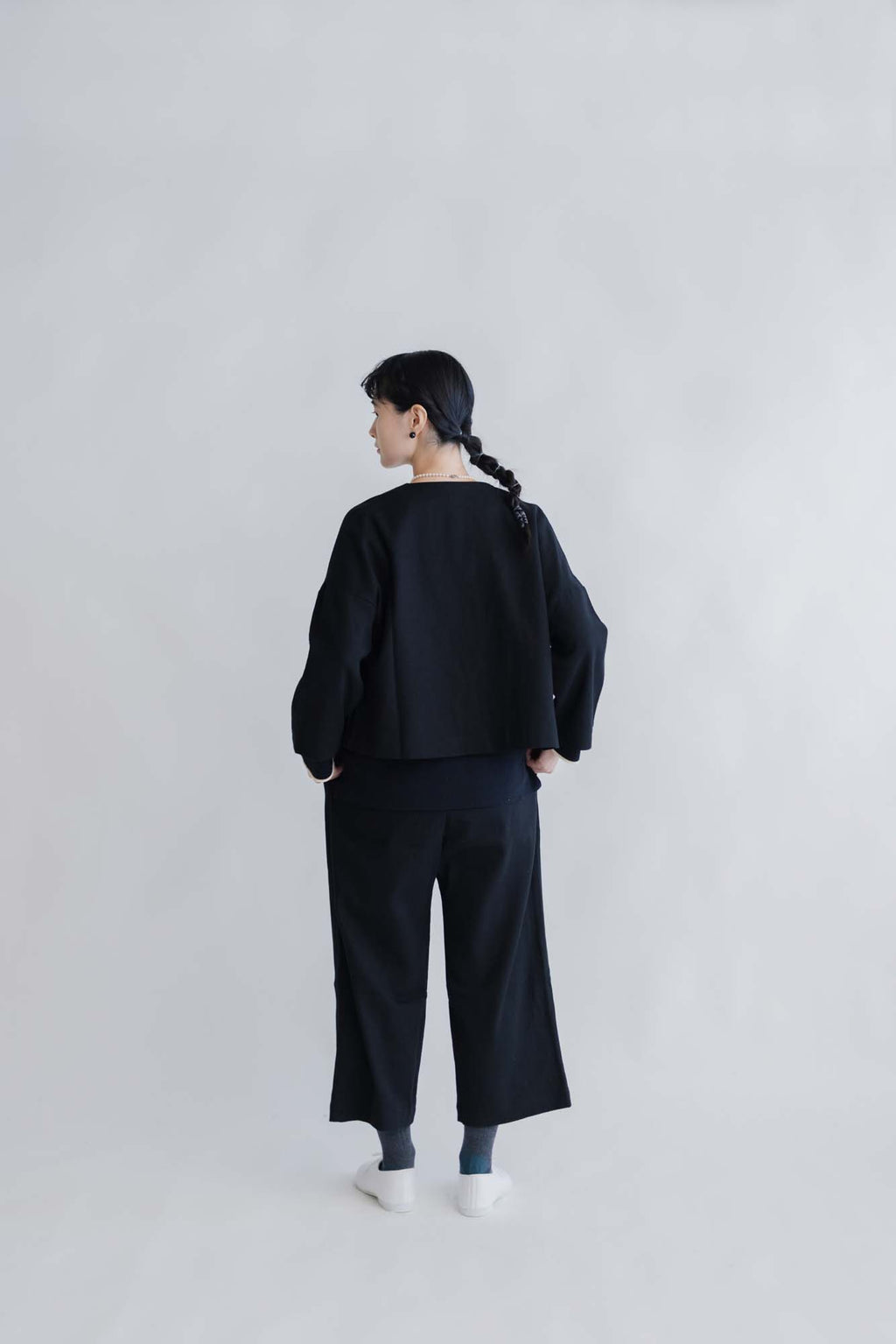 pot and tea 綿麻 ドロップショルダージャケット 黒