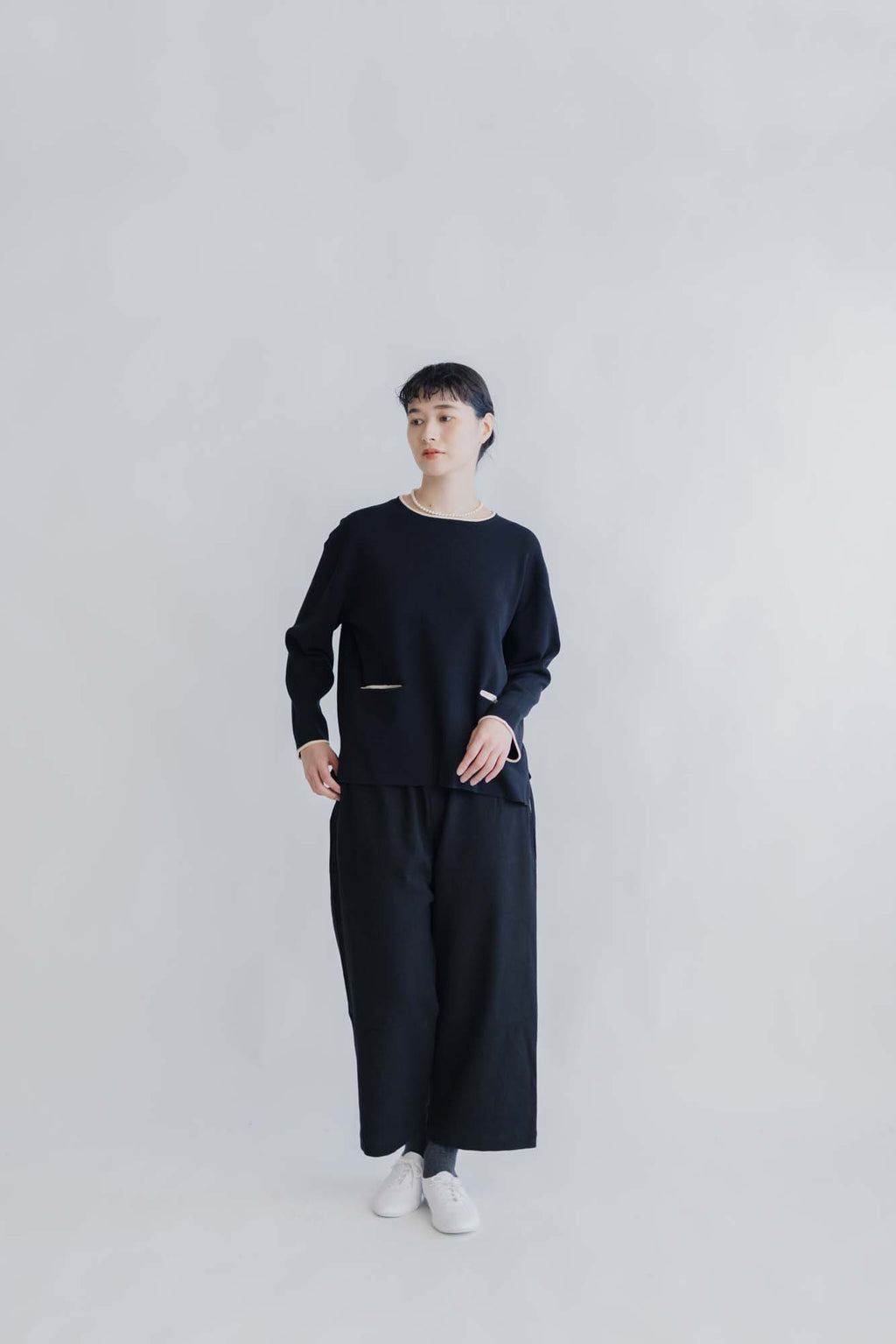 pot and tea 綿麻 ワイドパンツ 黒