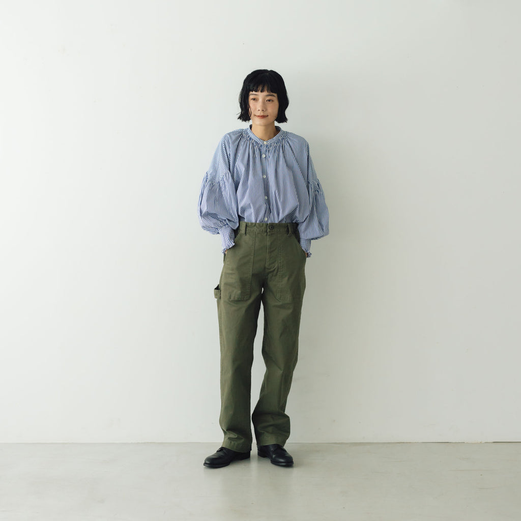 UNIVERSAL TISSU バンドカラーシャーリングブラウス ストライプ