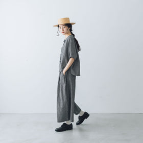 MAGALI リネンコットン ギンガム ワイドパンツ ベージュ