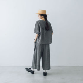 MAGALI リネンコットン ギンガム ワイドパンツ ベージュ